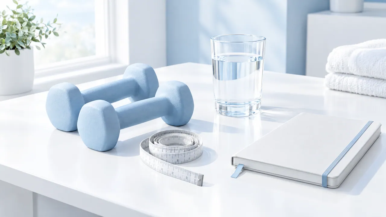 Still life on a white table: dumbbells, a coiled measuring tape, a glass of water and a closed notebook in morning light