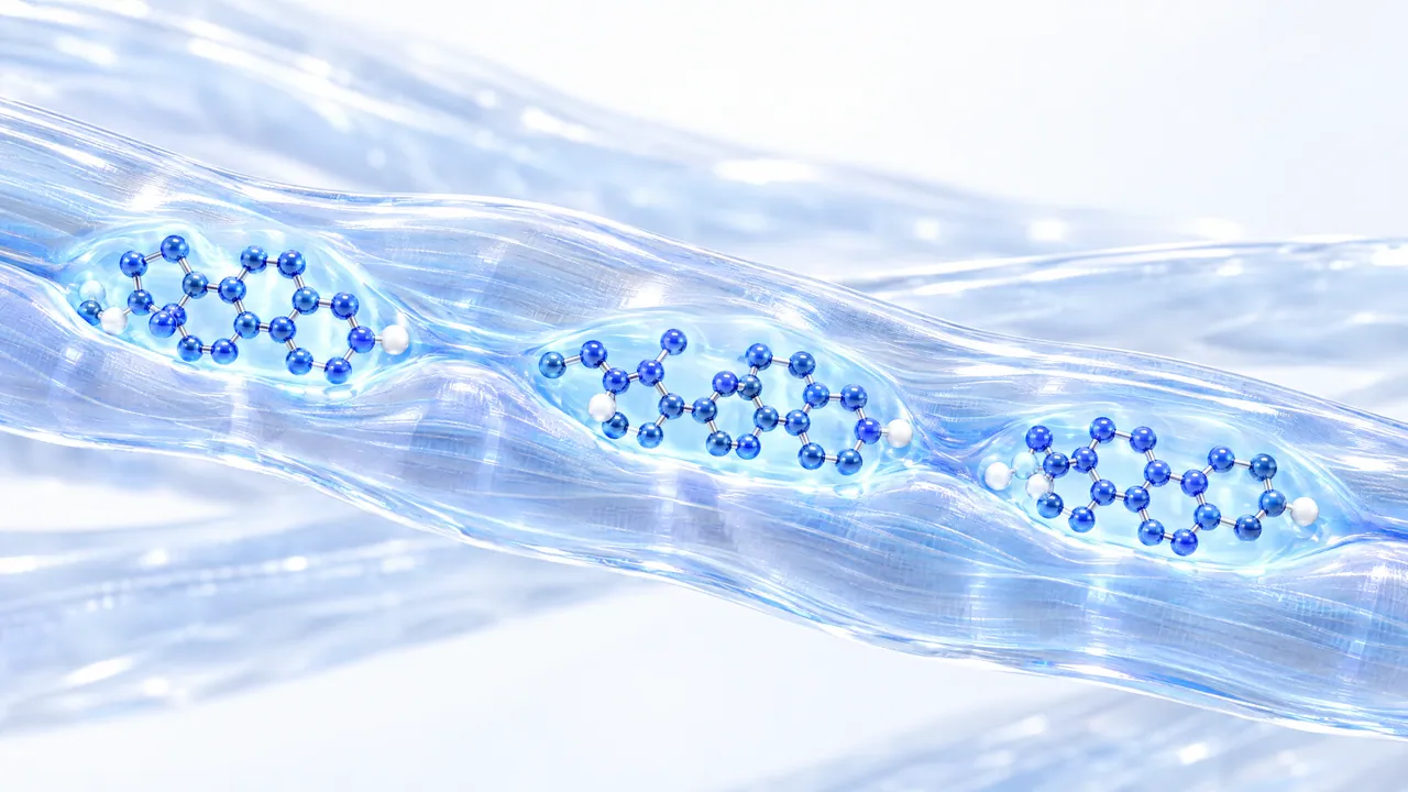 Abstract glass muscle fibres with receptor pockets where three slightly different blue steroid molecules dock side by side