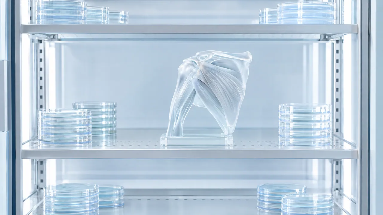 Lab bench with three glass flasks of pale oil, a rack of test tubes and a closed binder, three small blue steroid skeletons floating above