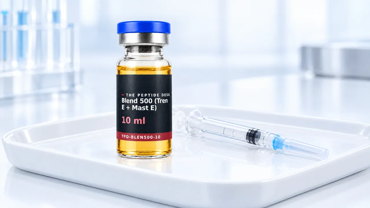 Small clear glass vial with slightly yellowish oil and a grey stopper next to a slim capped syringe on a white tray