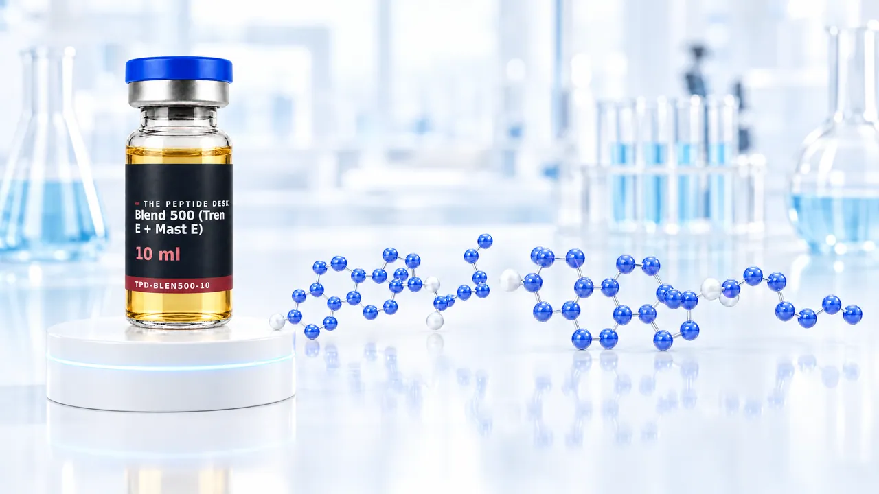 Two different glossy blue steroid skeletons with a long ester tail side by side above a white podium with a blue light ring, symbolic image for Blend 500