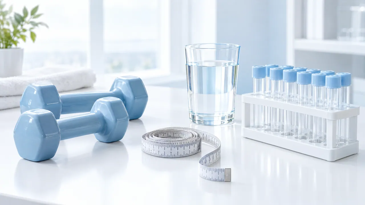 Calm still life on a white table: dumbbells, a coiled measuring tape, a glass of water and a small rack of empty sample tubes