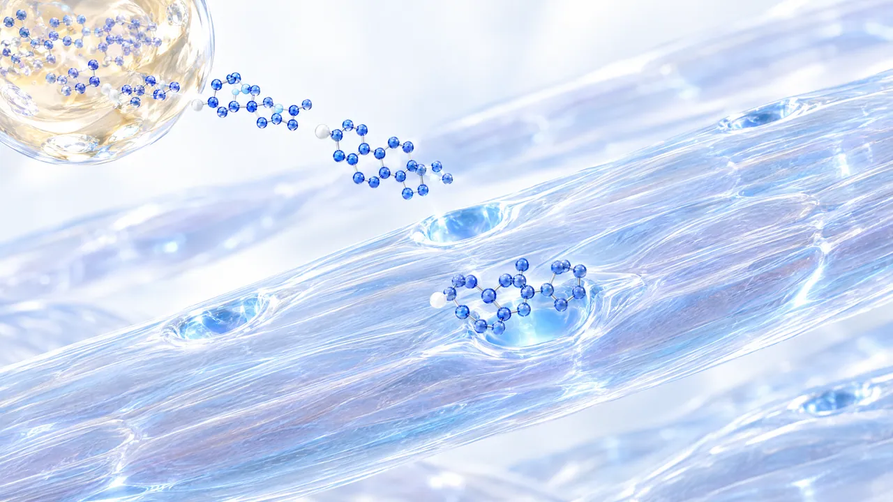 Abstract glass muscle fibres with receptor pockets, two kinds of blue steroid molecules slowly released from an oily depot sphere