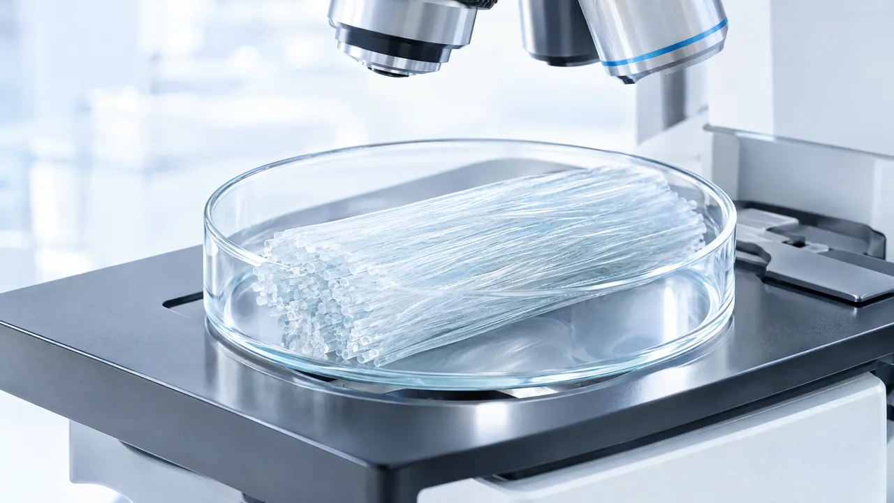 Lab bench with two glass flasks of pale oil, test tubes in a rack and a closed binder, two small blue steroid skeletons hovering above