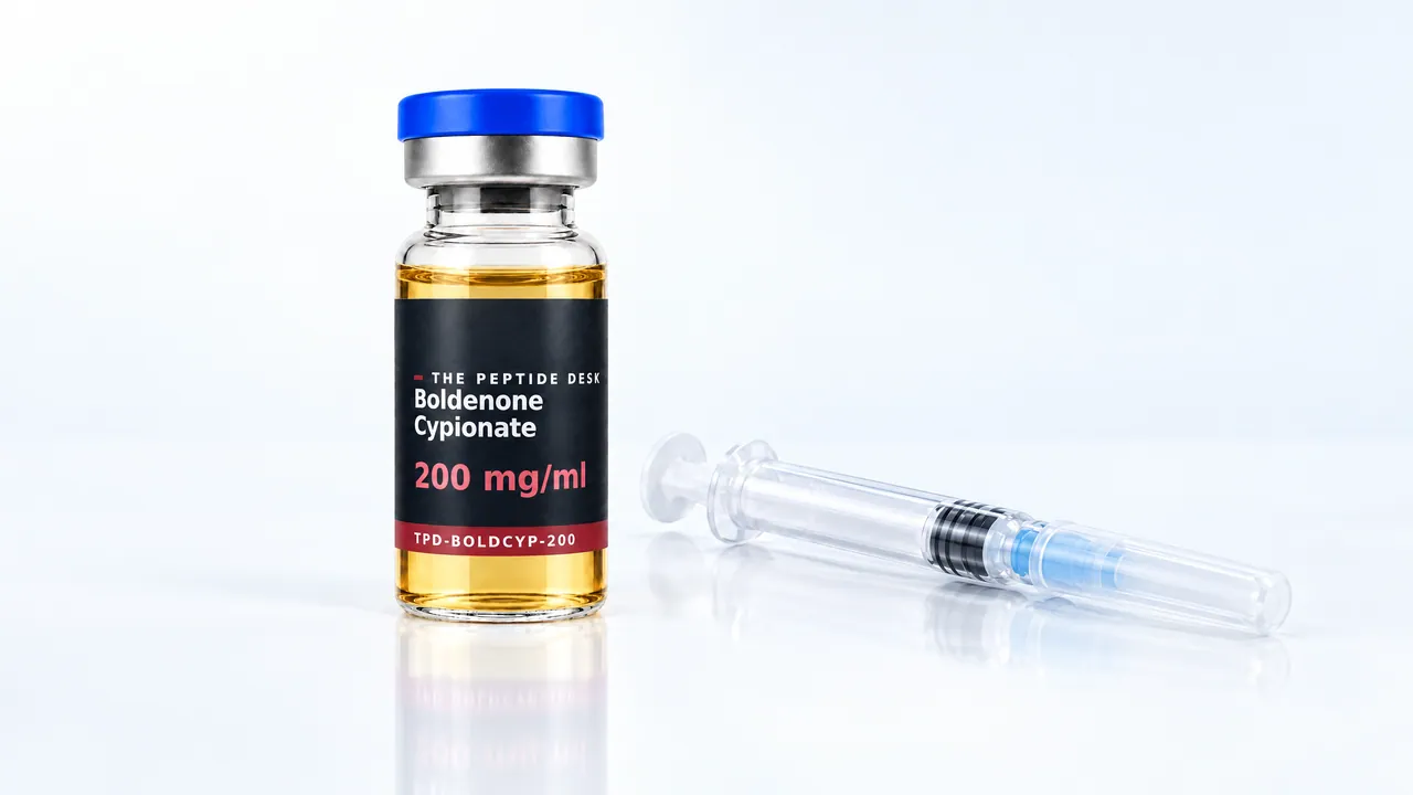 Glass vial with golden oil, a blue cap and a black TPD label for Boldenone Cypionate, a disposable syringe beside it