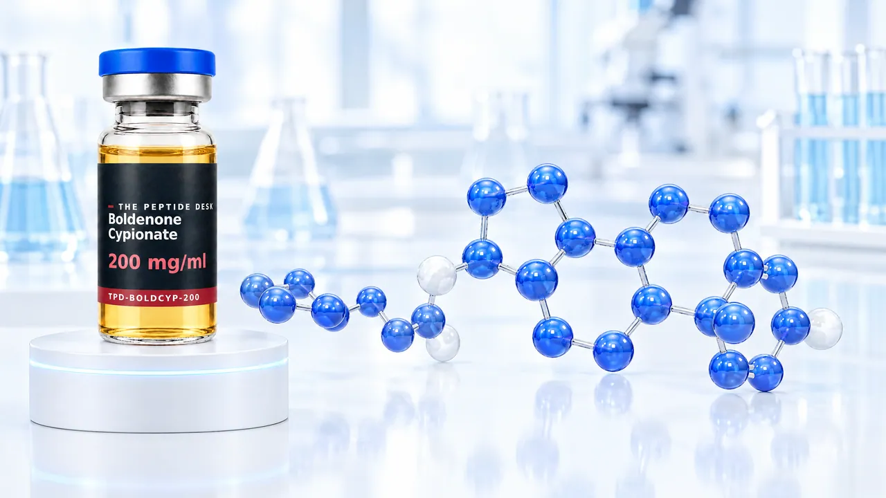 Glass vial with golden oil and a black TPD label for Boldenone Cypionate on a white podium, next to it a blue 3D steroid molecule with an ester chain