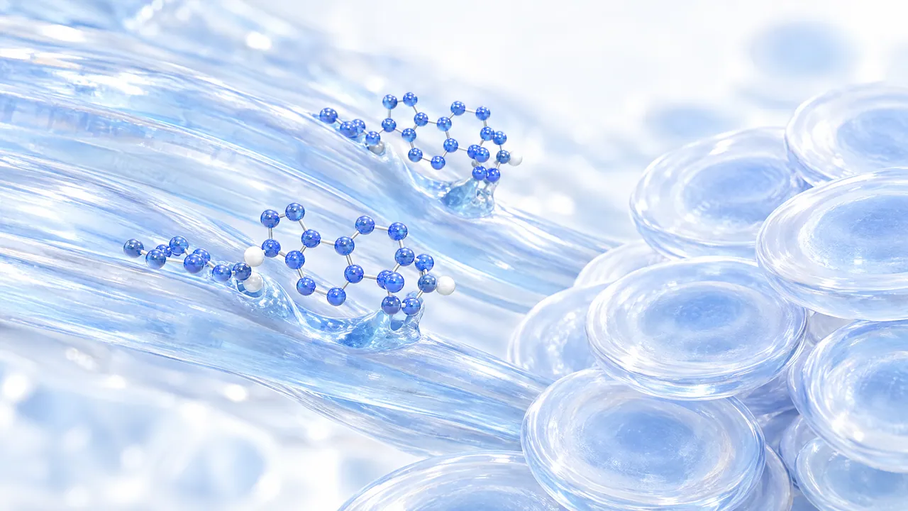 Two blue steroid molecules with ester chains leaving glass fibres, next to them stacked transparent glass red blood cells