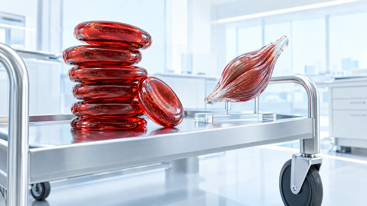 Stainless steel lab trolley with a stack of glass red blood cells and a glass muscle model on a stand