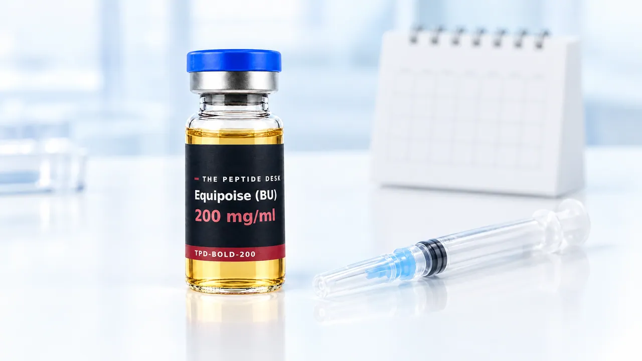 Glass vial with golden oil and a black TPD label, next to it a disposable syringe and a blank desk calendar on a white table