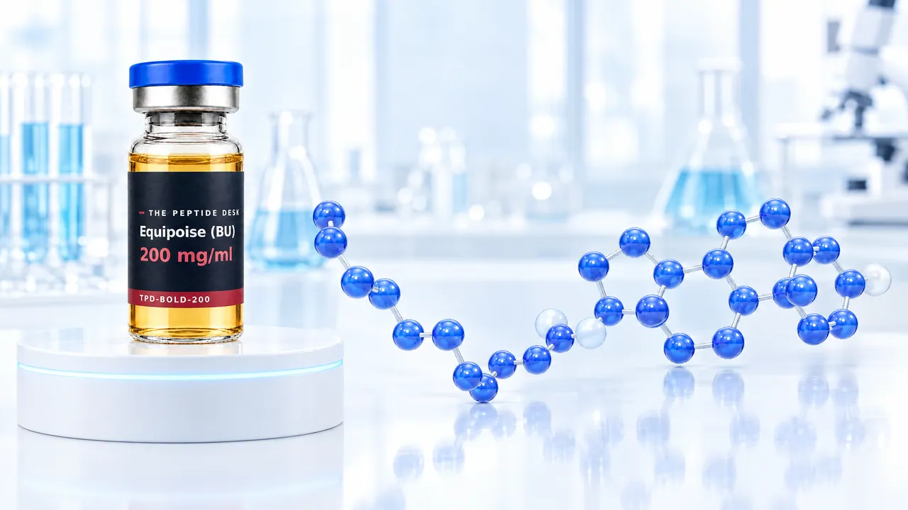 Glass vial with golden oil and a black TPD label on a white podium, next to it a long chain of glossy blue 3D atoms with a ring structure, symbolic image for Boldenone Undecylenate