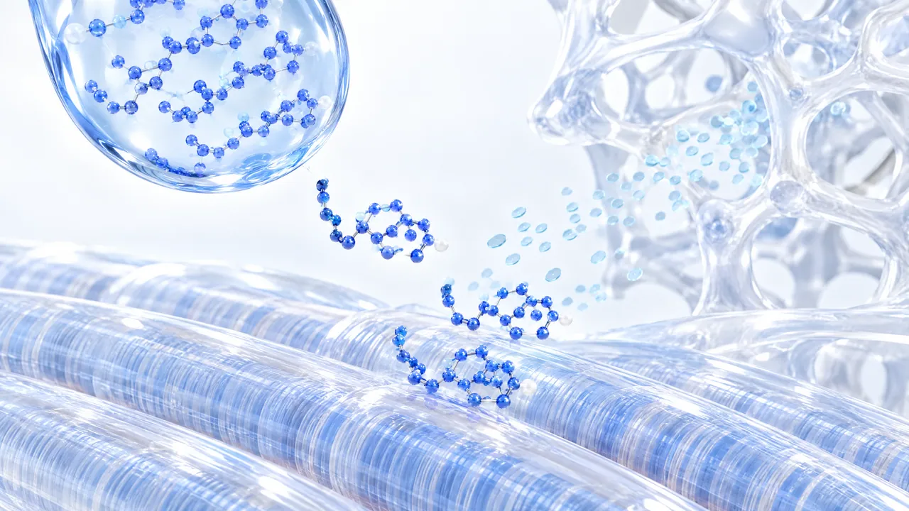 Glossy blue 3D molecules leave a large glass droplet and attach to light blue transparent fibre strands, on the right a honeycomb-like glass structure