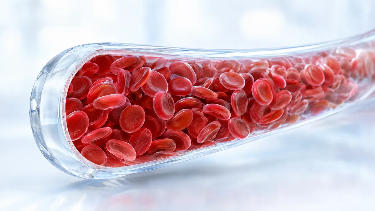 Transparent blood vessel full of red blood cells on a light background