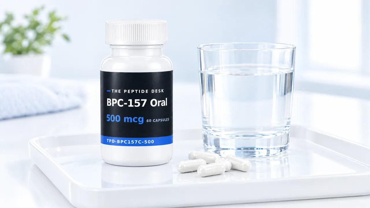 Open white bottle with a few white capsules on a white tray next to a glass of water in morning light