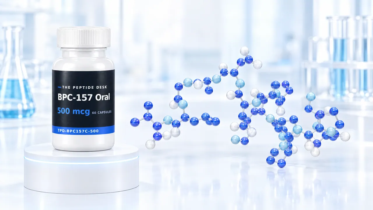 Short, gently curved chain of glossy blue glass beads above a white podium with a blue light ring, a few white capsules at its base, symbolic image for BPC-157 as a capsule