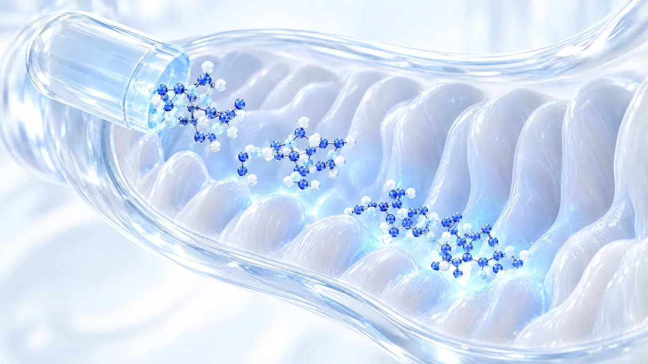 Abstract glass model of an intestinal tube with soft folds in which a capsule opens and releases small blue molecules onto the lining, which lights up