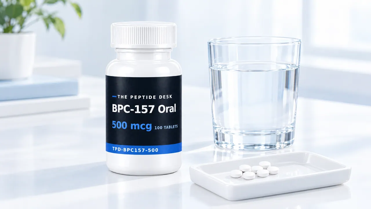 Closed white tablet bottle with a black TPD label for BPC-157 Oral, a glass of water and a small dish of white tablets beside it
