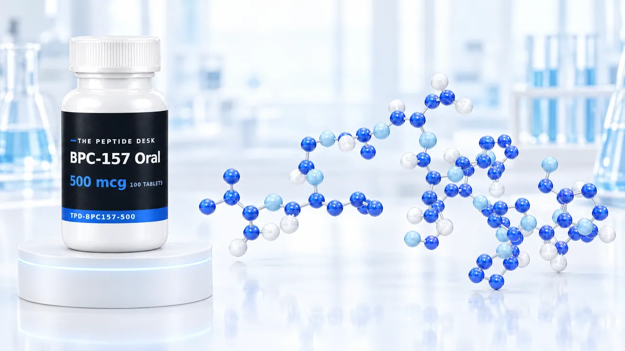 White tablet bottle with a black TPD label for BPC-157 Oral on a white podium, next to it a long chain of blue and white glass spheres as a molecule model in a bright lab