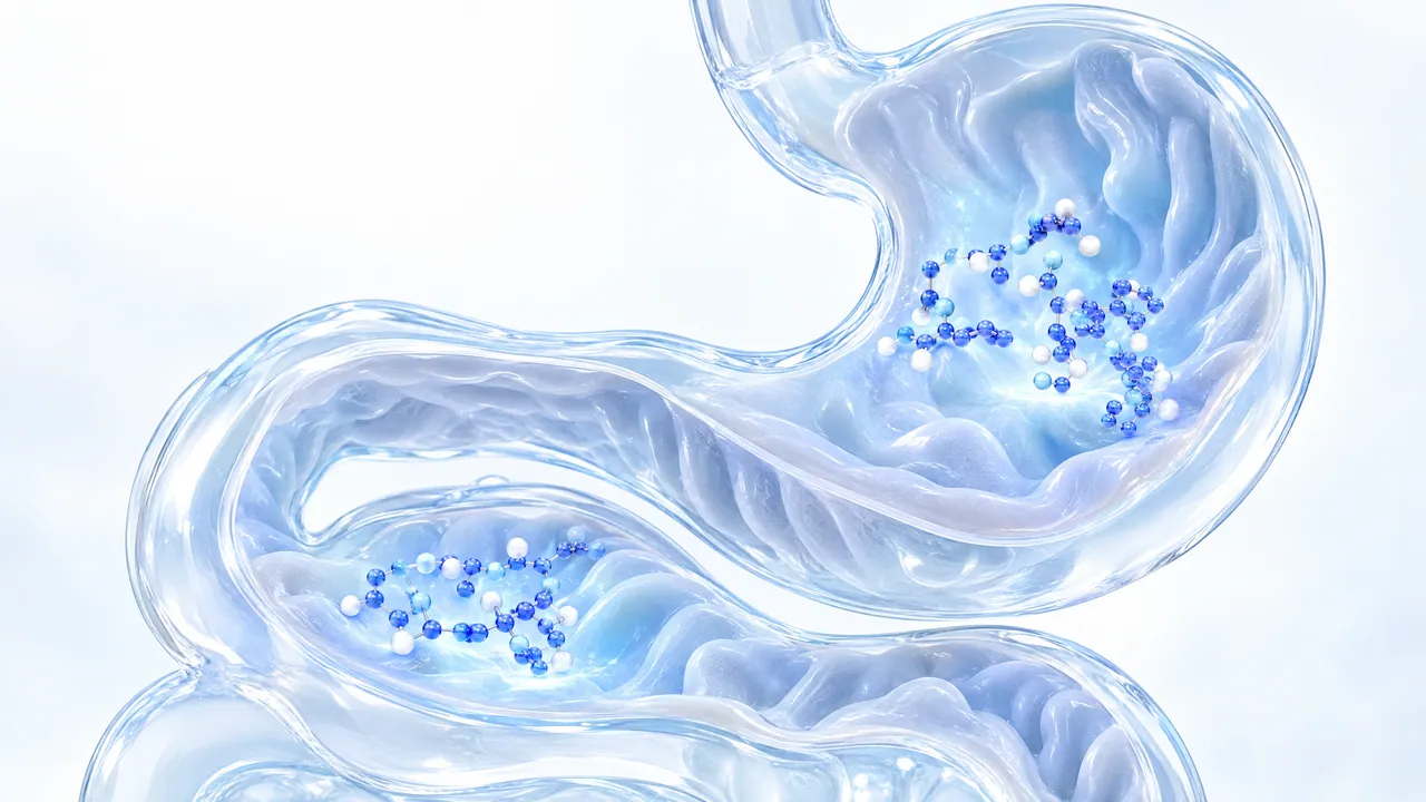 Stomach and intestine of translucent glass with soft folds, small groups of blue molecules lying on the inner wall