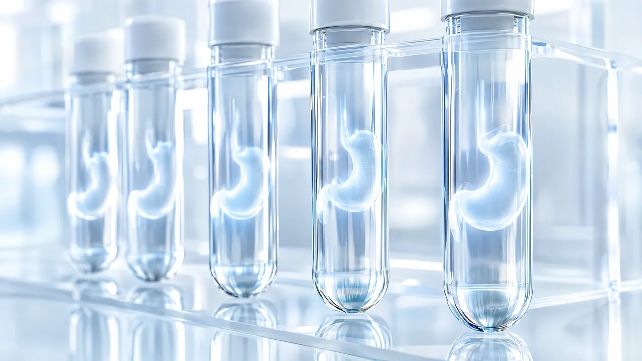 Row of sealed test tubes, each holding a small glass stomach