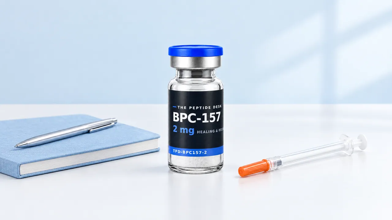 BPC-157 vial on a white table with an insulin syringe and a closed notebook with a pen