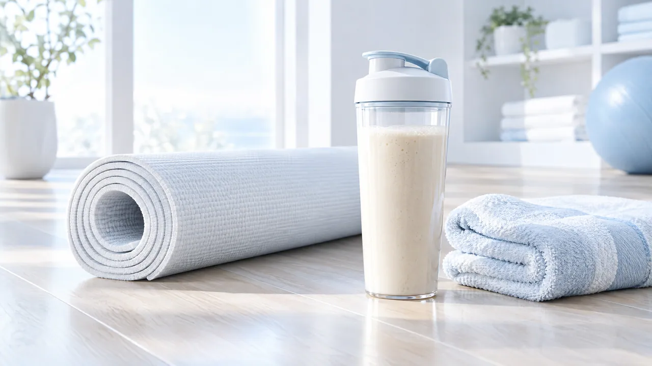 Rolled-up white yoga mat, a shaker with a protein shake and a folded light blue towel on a light wooden floor