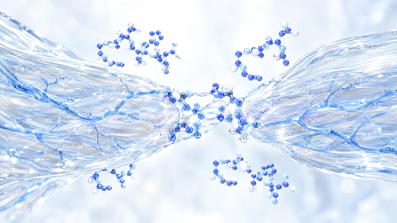 Two translucent blue strands of tissue with fine vessels, joined in the middle by a mesh of blue molecules, with more peptide chains floating above