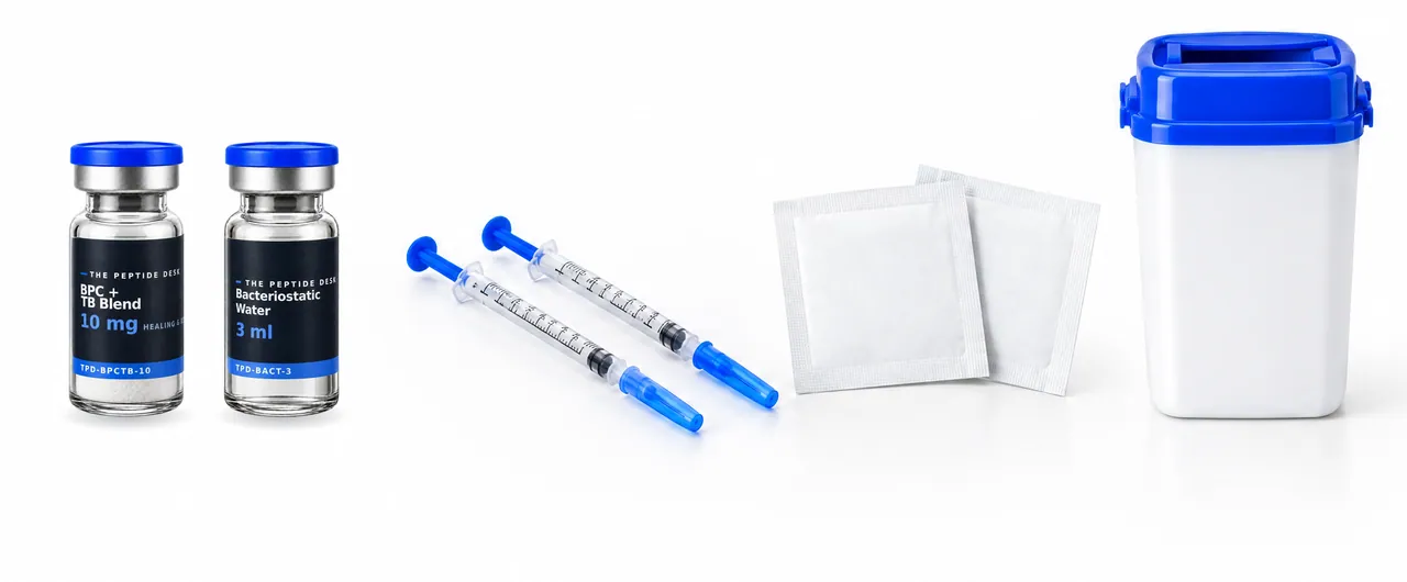 Vial of the BPC + TB Blend and bacteriostatic water at the same size with the black TPD label, next to two U-100 insulin syringes, two alcohol swabs and a sharps container with a blue lid