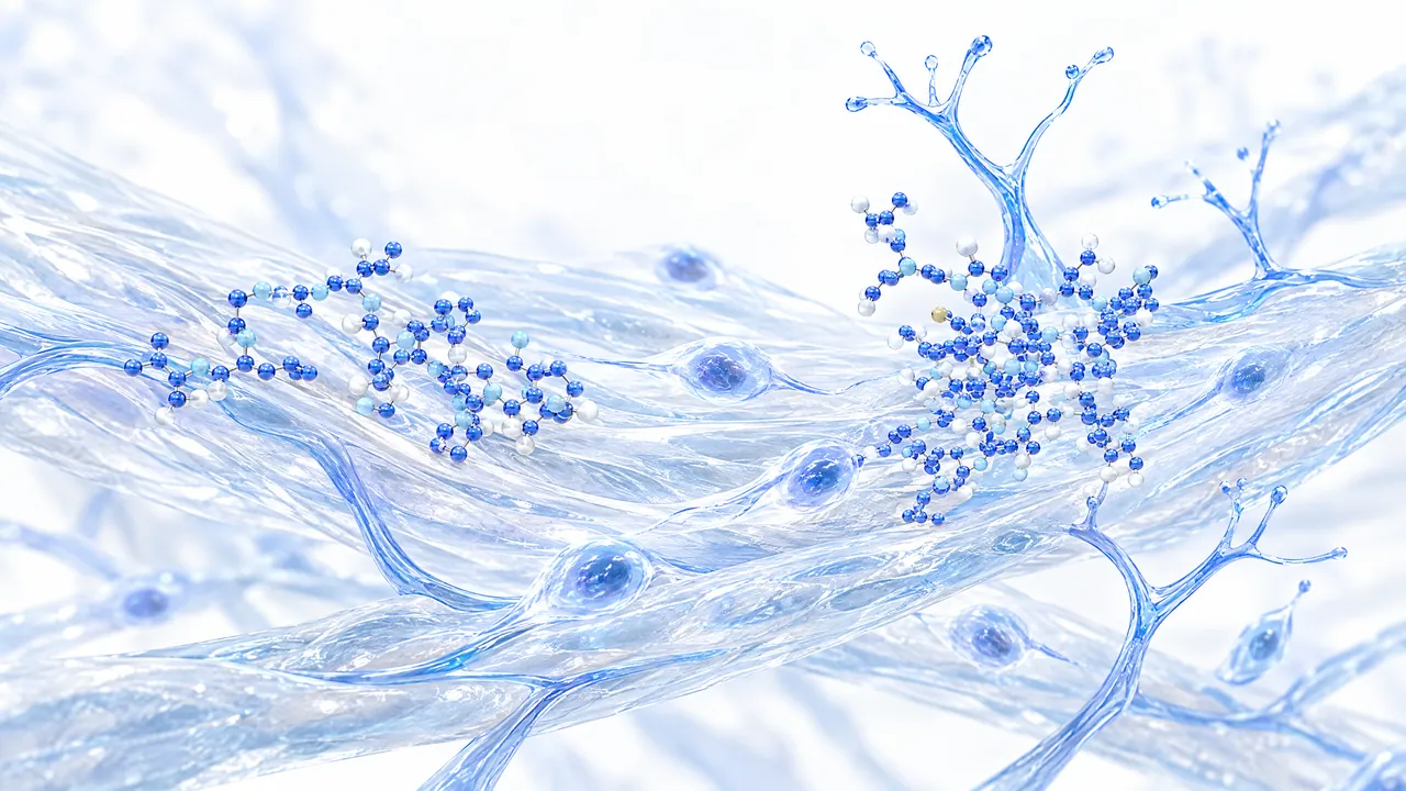 Translucent blue connective tissue fibres with cell nuclei and fine branching vessels, with a small and a large blue peptide structure on them