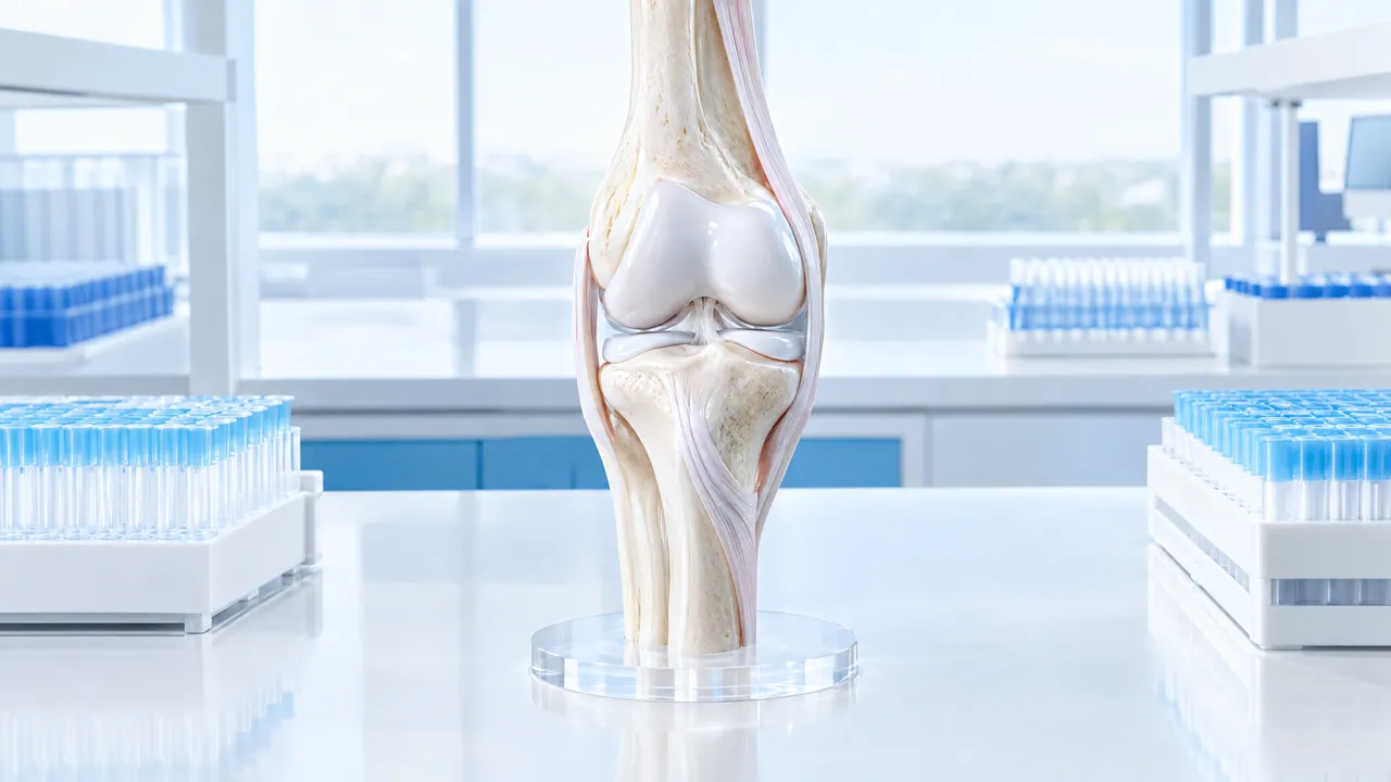 Anatomical model of a knee joint with bone, cartilage and ligaments on a lab bench, next to racks of sample tubes