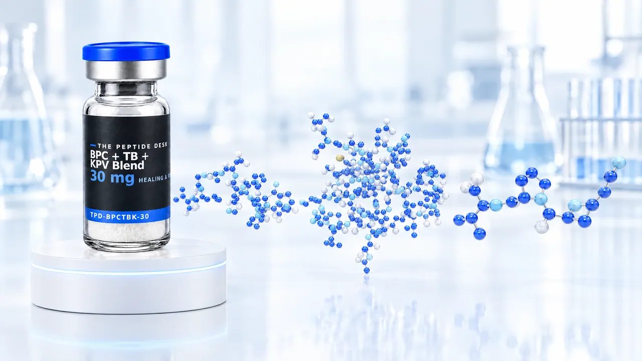 Vial of the BPC + TB + KPV Blend with white powder and the black TPD label on a white podium, next to three blue 3D peptide structures from large to small in a bright lab