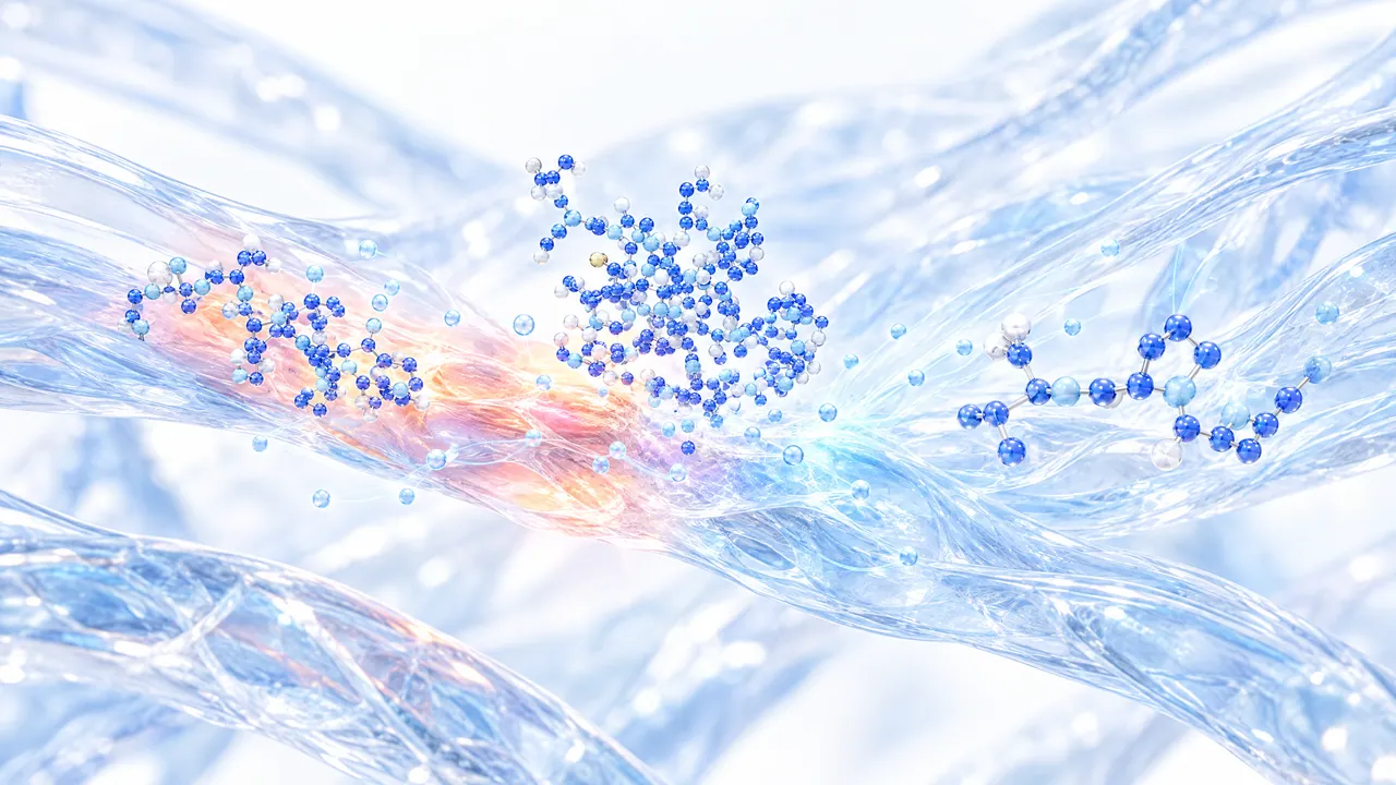 Translucent blue strands of tissue with a reddish glowing, inflamed spot, with three blue peptide structures from large to small above it