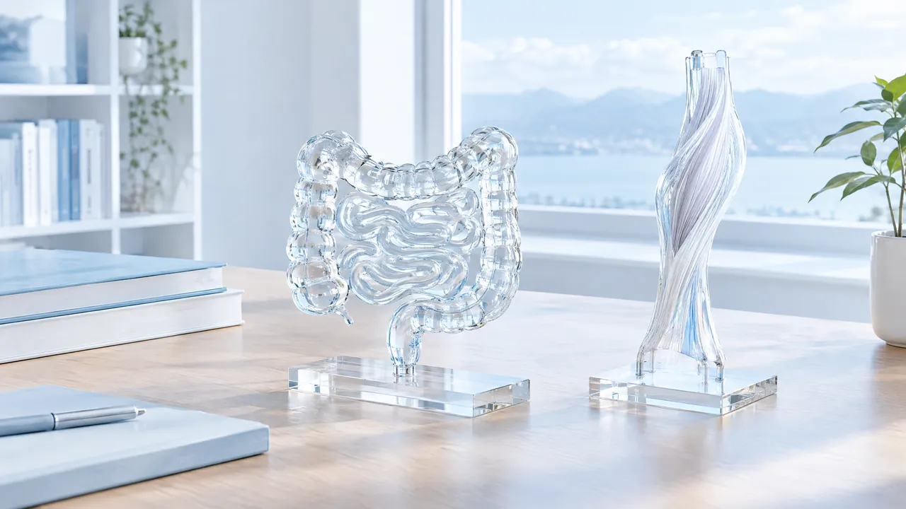 Glass model of the intestine and a glass tendon model on a light wooden table in front of a window