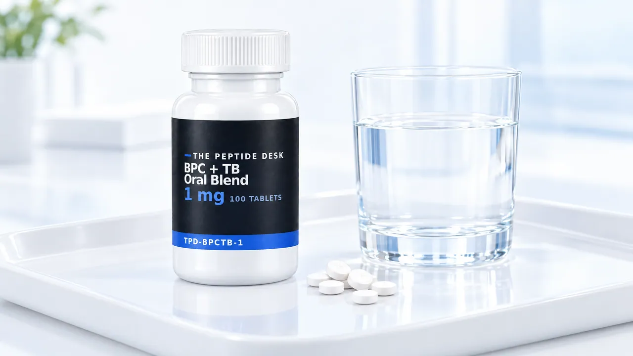 Closed white tablet bottle with a black TPD label for BPC + TB Oral Blend, a glass of water and a few white tablets beside it on a white tray