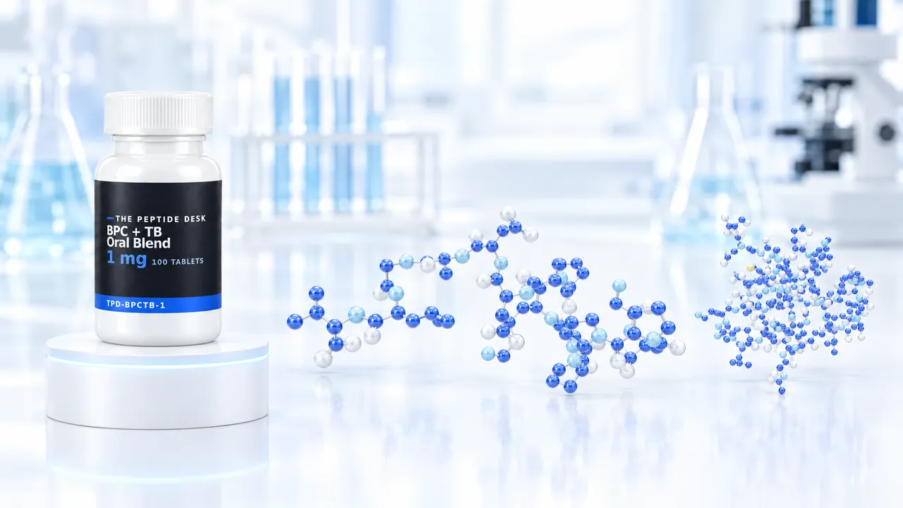 White tablet bottle with a black TPD label for BPC + TB Oral Blend on a white podium, next to it two molecule models of blue and white glass spheres in a bright lab