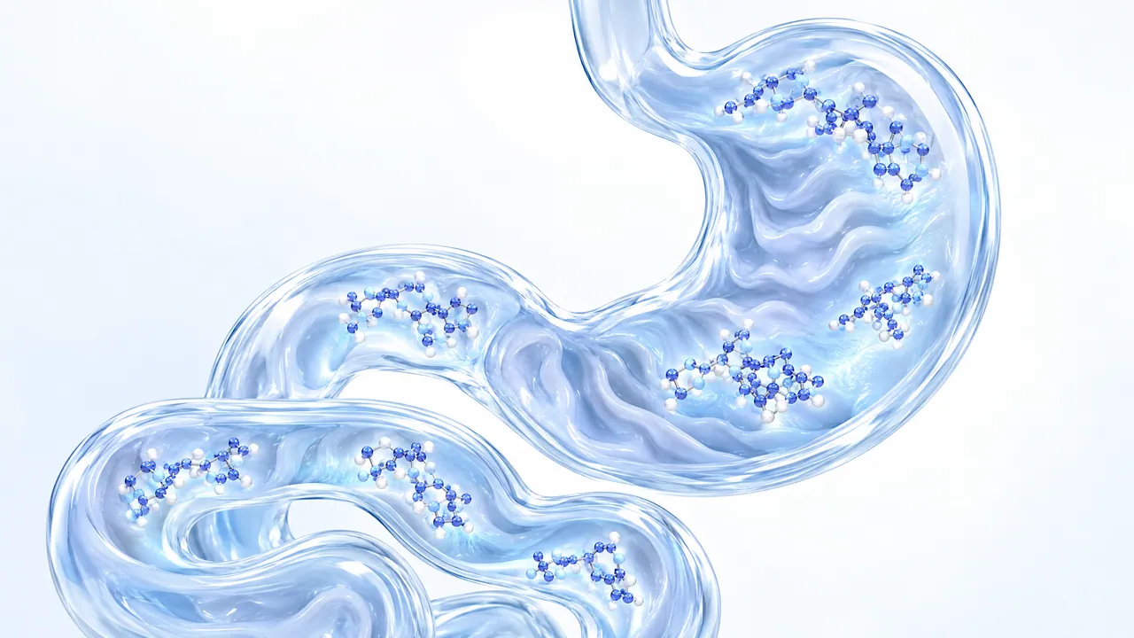 Stomach and intestine of translucent glass with soft folds, small blue molecules spread along the inner wall