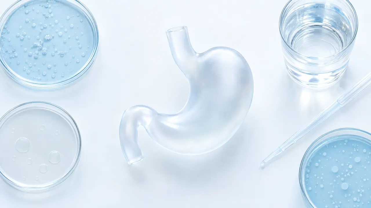 Top view of petri dishes, a pipette and a glass of water around a frosted glass stomach model