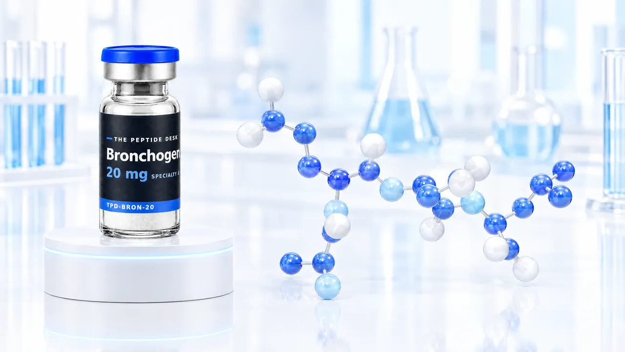 Vial with white powder, a blue cap and a black TPD label for Bronchogen on a white podium, next to it a chain of blue and white glass spheres as a molecule model in a bright lab