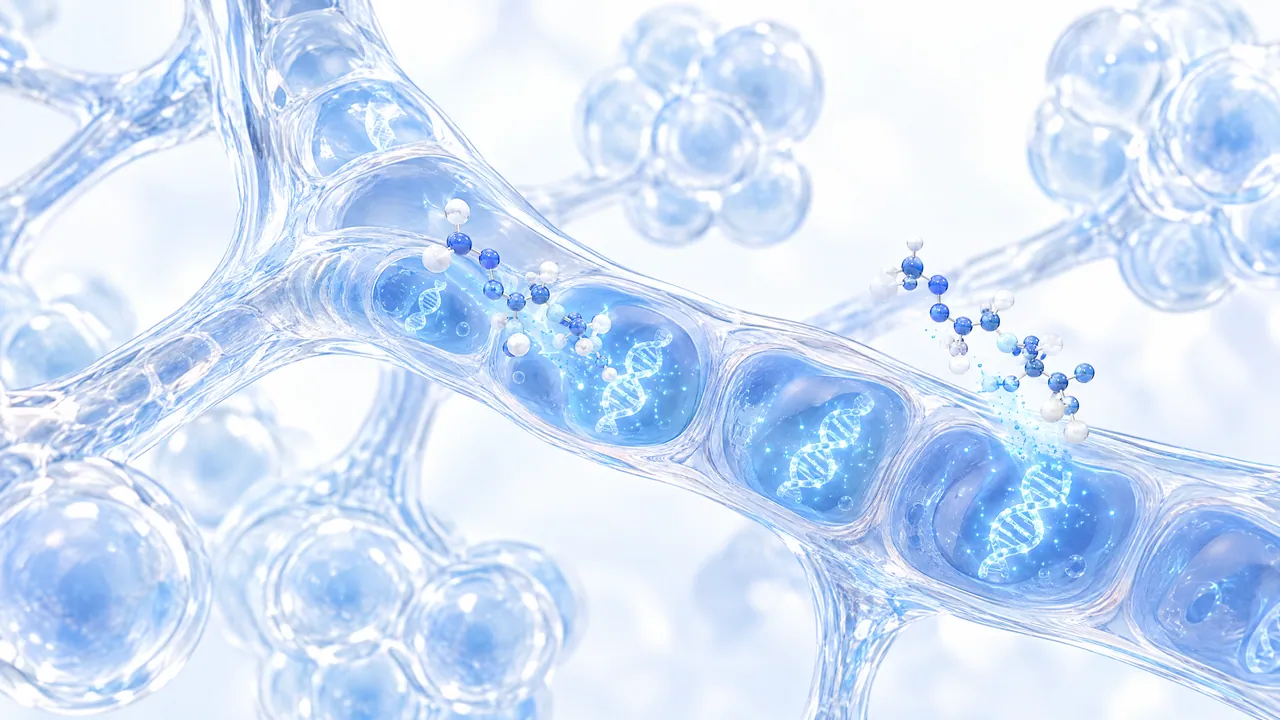 Glass bronchi with air sacs, DNA helices glowing in the cells of the wall, small blue molecules moving in
