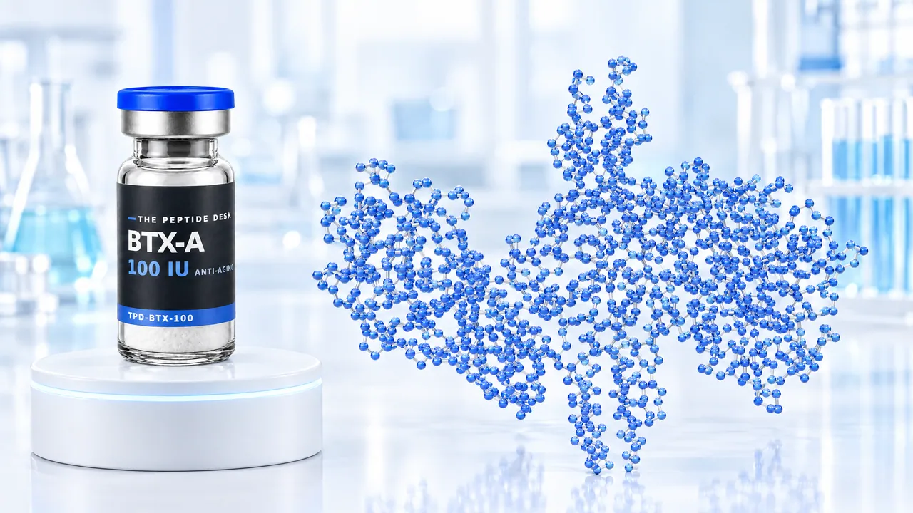 BTX-A vial with white powder and the black TPD label on a white podium with a glowing light blue ring, next to a large blue 3D protein model made of two connected parts in a bright lab