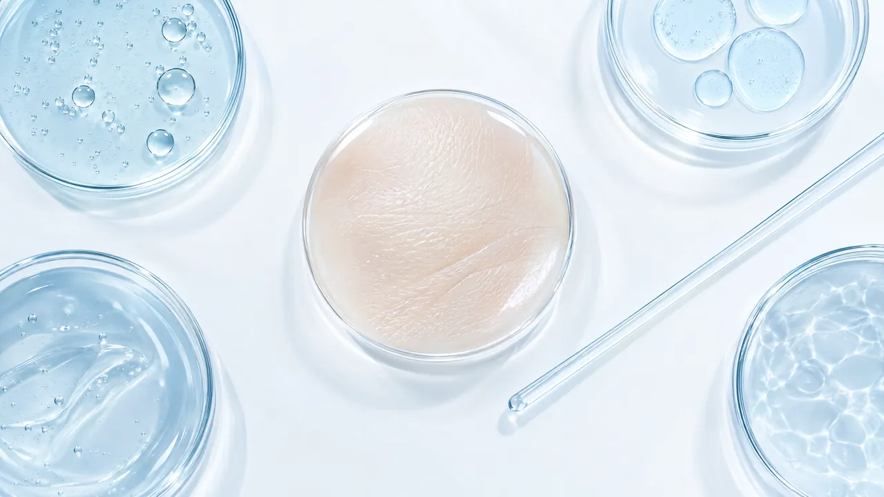 Petri dishes with clear gels and bubbles seen from above, in the middle a dish with a light skin sample, a glass rod beside it