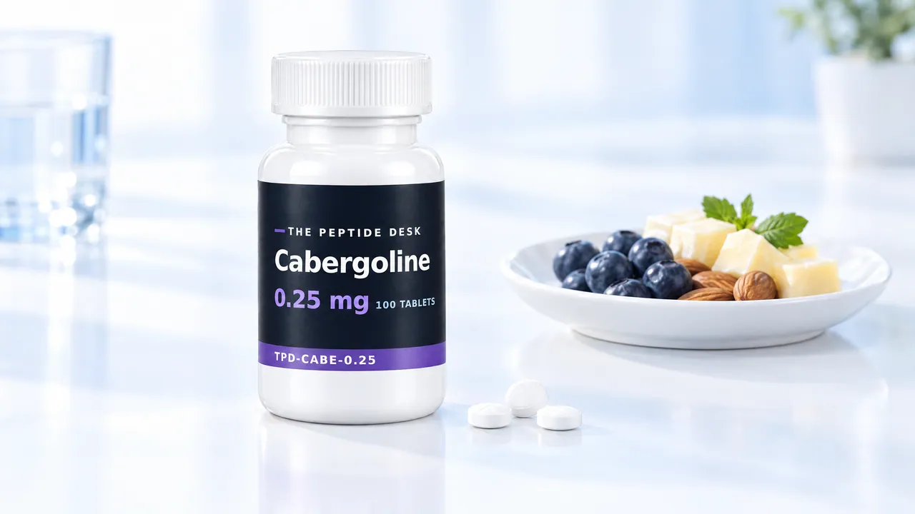 White tablet bottle with the black TPD label for cabergoline, three small white tablets in front, next to it a plate of blueberries, cheese cubes and almonds and a glass of water