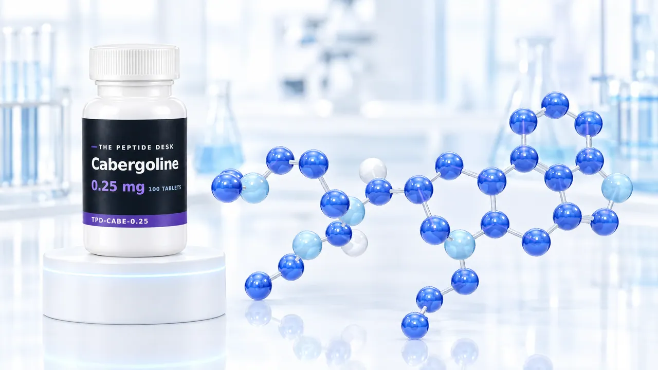 White tablet bottle with the black TPD label for cabergoline on a white podium, next to a large molecule model of blue and white spheres in a bright lab
