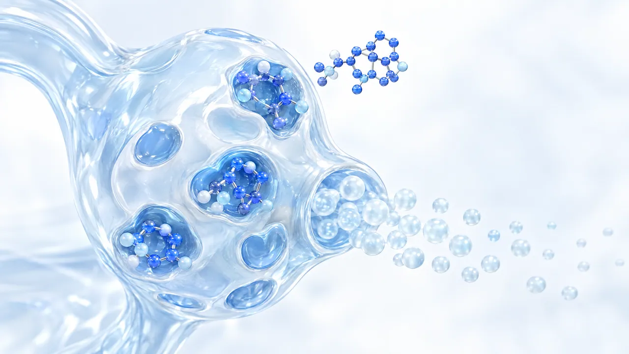 Glass gland cell with blue molecules in hollows on its surface, only a few pale bubbles still stream out of an opening