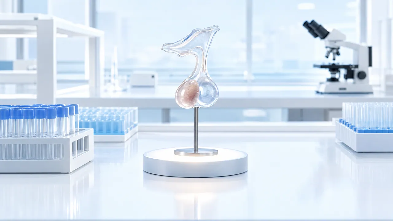 Glass model of the pituitary gland on a stand in a bright lab, test tube racks and a microscope next to it