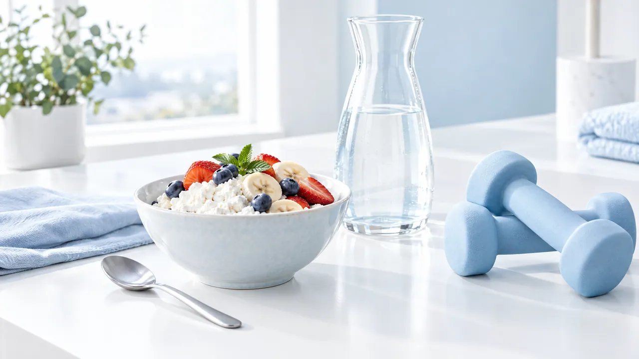 Bowl of cottage cheese with berries and banana, a carafe of water and two light blue dumbbells on a bright table