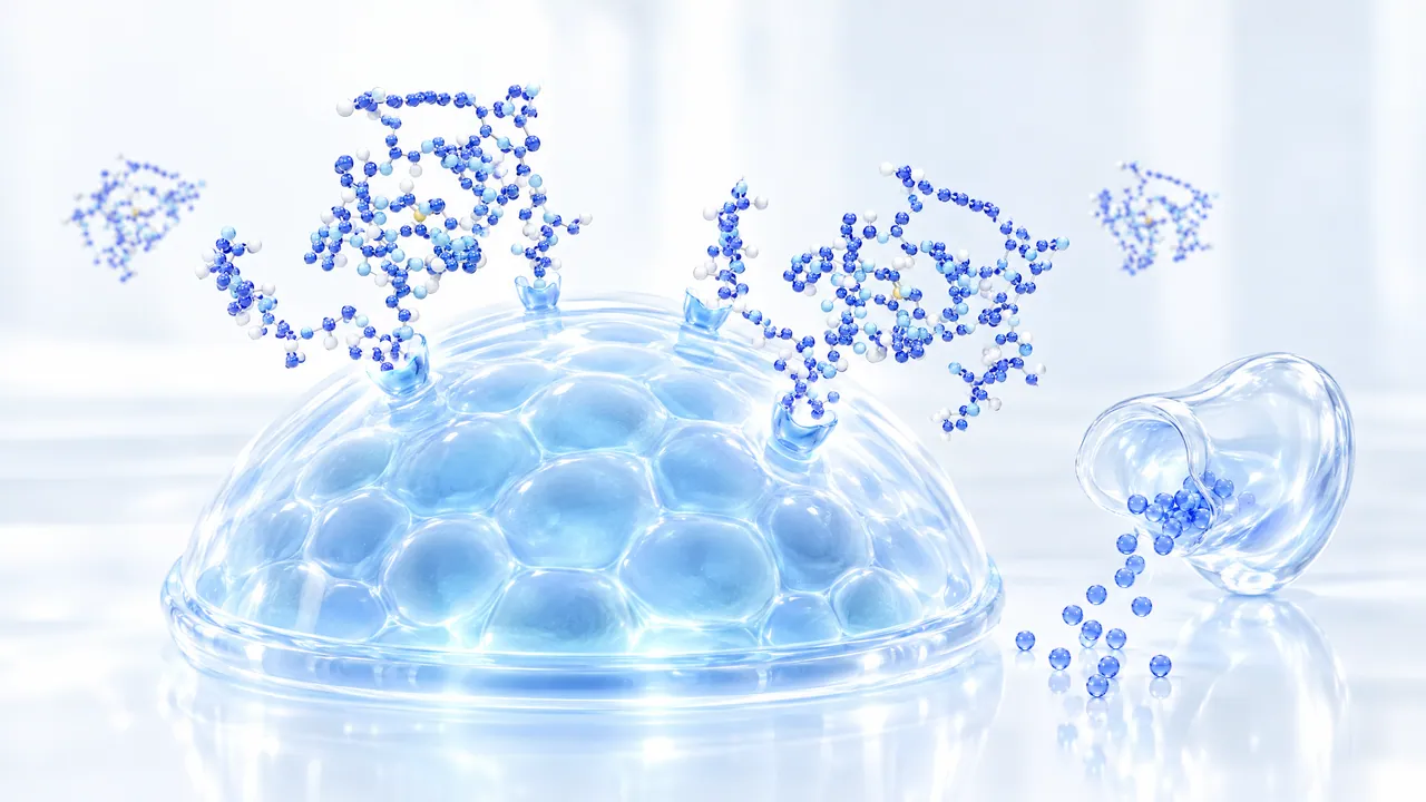Blue 3D peptide chains docking onto a glass dome of cells, next to a glass organ model with blue beads trickling out
