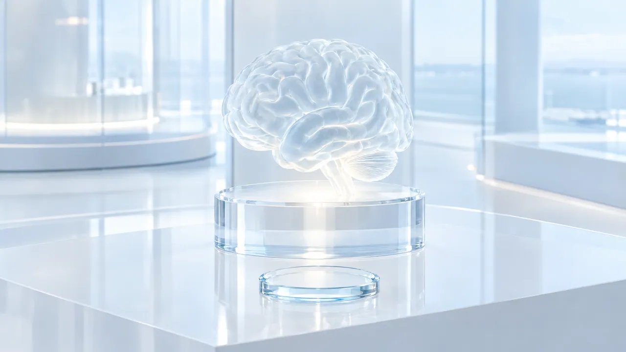 Glass brain model on a transparent pedestal in a bright room