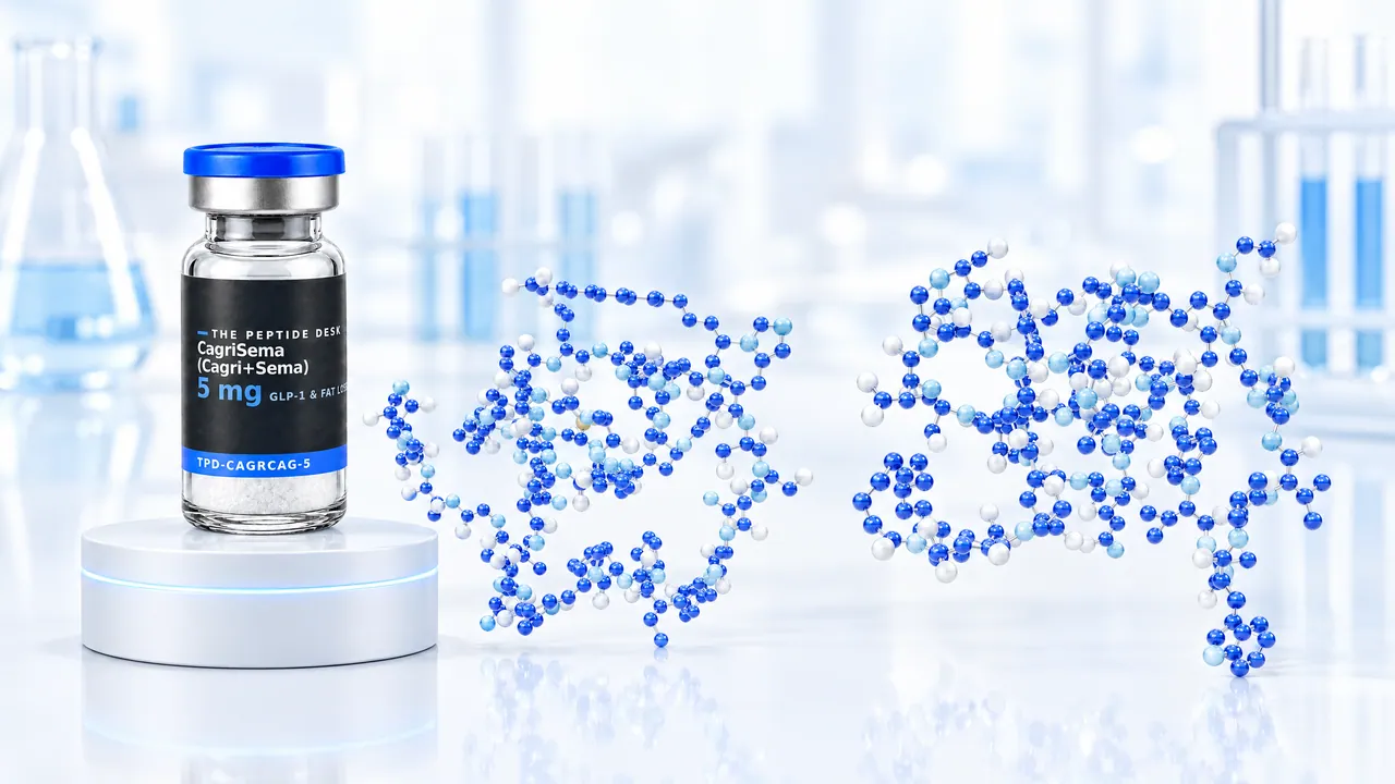 CagriSema vial with white powder and the black TPD label on a white podium with a glowing light blue ring, next to two different blue 3D peptide chains in a bright lab