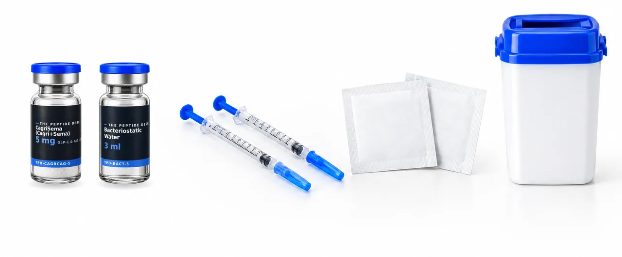 CagriSema vial and bacteriostatic water at the same size with the black TPD label, next to two U-100 insulin syringes, two alcohol swabs and a sharps container with a blue lid