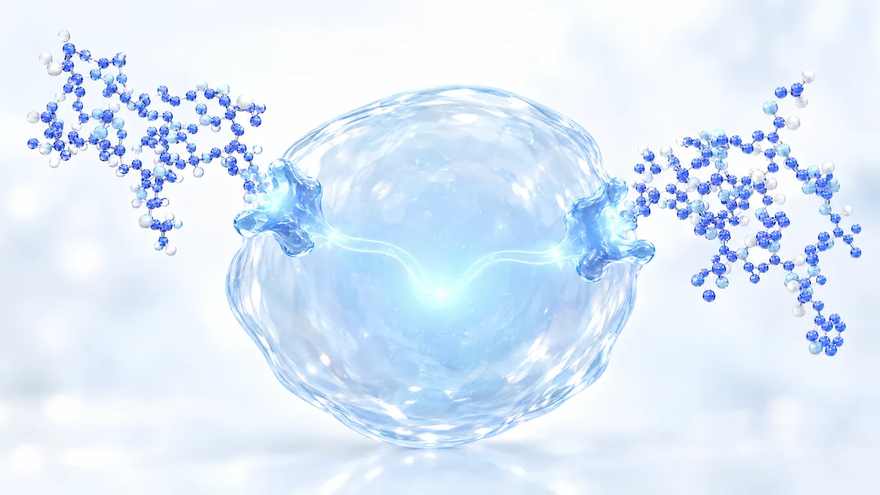 Glass cell with two glowing docking sites, a different blue 3D peptide chain docking at each, a light blue arc of light between them